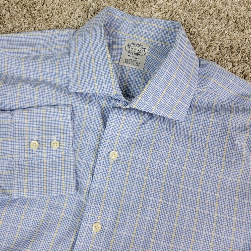 Brooks Brothers Regent Mens 15.5-32 Blue Houndstooth Plaid Button Up Long Sleeve